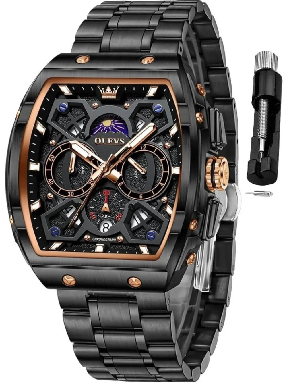 Men's Black Chronograph Big Square Analog Stainless Steel Date Wrist Watch